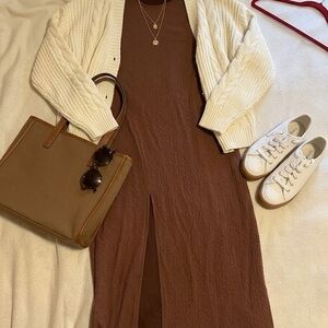Brown Dress with Cream Cardigan and Accessories